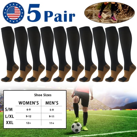5 Pairs Copper Compression Socks 20-30mmHg Support Mens Womens S/M