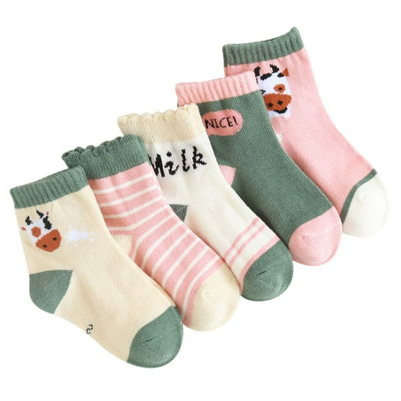 5 Pairs Cow Themed Baby Socks Students Knee Medium Tube Stockings Autumn Winter Cotton Socks for 1-3 Years Old Kids - Size S