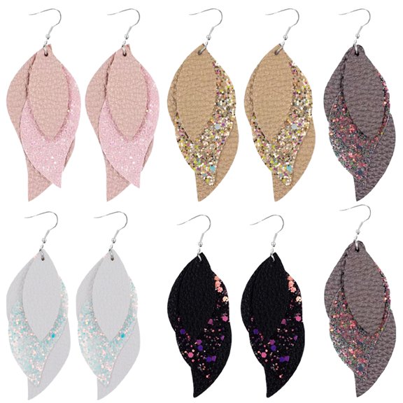 5 Pairs Creative Leaf Shaped Multi Layer Leather Earrings for Women Fashionable Decor Mixed Style