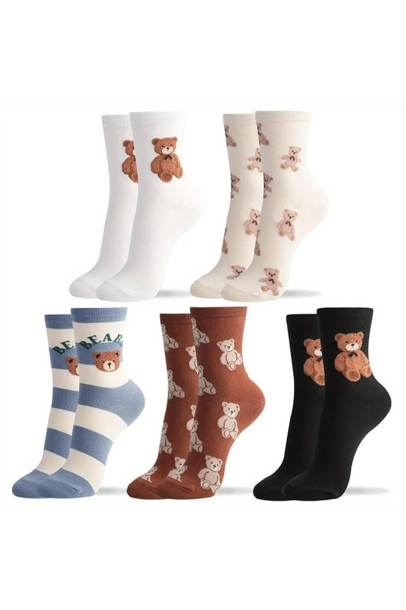 5 Pairs Crew Socks for Women Cute Smiley Face Fun Character Print Ribbon Design Girls Soft Cotton Socks US 6-8 elite