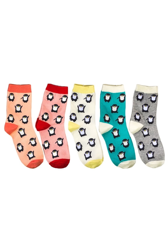 5 Pairs Cute Cartoon Penguin Animal Print Women Crew Socks Cotton Hosiery Gifts