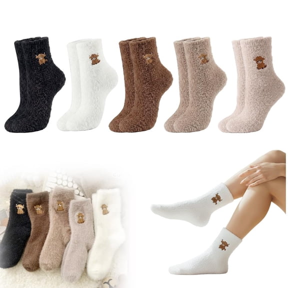 5 Pairs Cute Cow Slipper Socks, Fuzzy Highland Cow Socks, 2026 New Highland Cow Socks Women Fuzzy, Plush Fluffy Sock for Home, Soft Slipper Sock(A)
