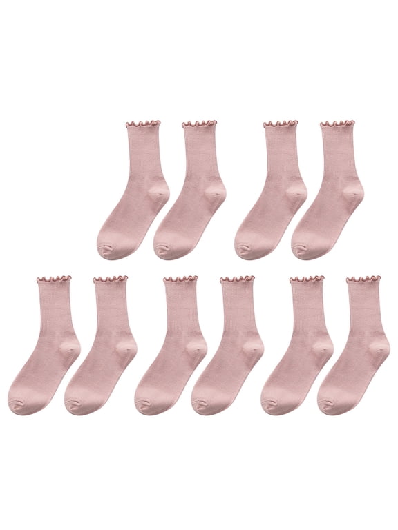 5 Pairs Cute Ruffle Socks for Women, Turn Cuff Casual Ankle Sock, Breathable Knit Cotton Warm Frilly Roll Top Crew Socks for Homewear, Daily Wear, Casual, Fashion, Comfortable Stretch Fit Pink