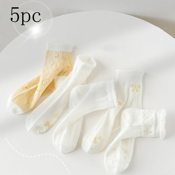 5 Pairs Cute Socks, Girls Lace Ruffles Ankle Casual Sock, Breathable Mid Tube Socks, Floral Crew Socks Socks for Girls Ankle Yellow 9Y