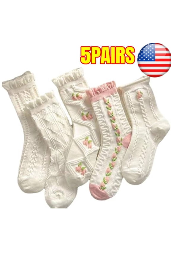 5 Pairs Cute White Cottagecore Ruffle Socks for Women, Floral Ankle Casual Kawaii Coquette Style, Breathable Aesthetic Socks