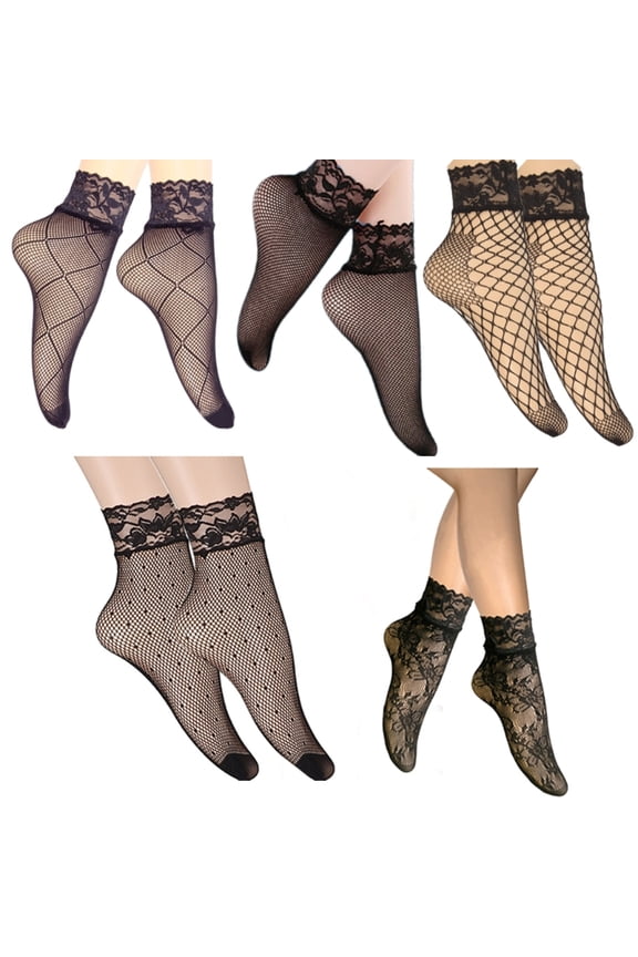 5 Pairs Elegant Lace Trim Ankle Socks Soft Mesh Summer Socks With Patterned Black Hollowout Fishnet Crew Socks for Women