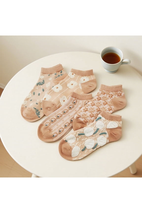 5 Pairs Embroidered Floral Design Socks for Women Girls Combed Cotton Ankle Socks