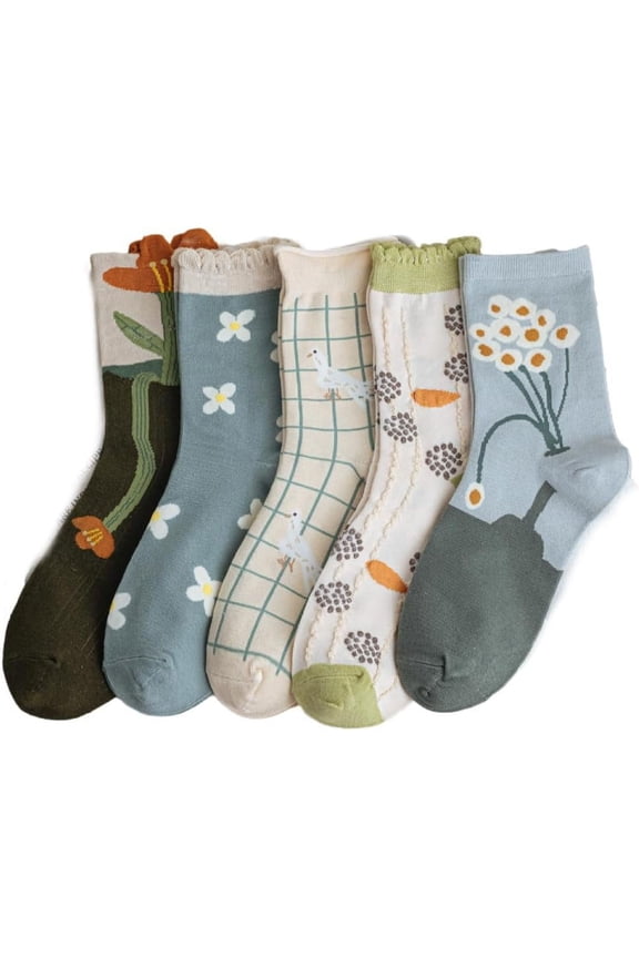 5 Pairs Embroidered Floral Socks for Women Combed Cotton Above Ankle Crew Socks