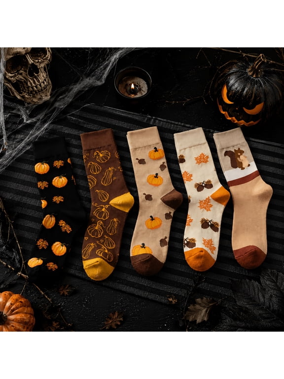 5 Pairs Fall Autumn Crew Socks Set, Harvest Themed MidCalf Casual Socks with Pumpkin, Maple Leaf, Squirrel Prints, Soft Breathable Autumn Winter Daily Dress Socks for Adults