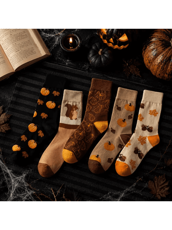 5 Pairs Fall Harvest Crew Socks, Autumn Themed Mid-Calf Casual Socks with Pumpkin Maple Leaf Squirrel Prints, Soft Breathable Seasonal Socks for Women Men