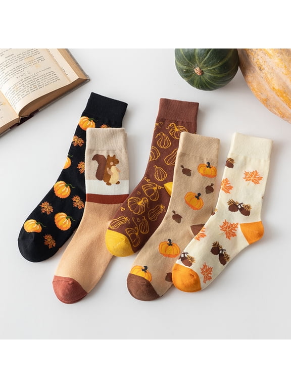 5 Pairs Fall Socks Autumn Socks Thanksgiving Holiday Funny Novelty Socks Crew Pumpkin Maple Turkey Socks for Women Men