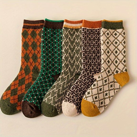 5 Pairs Fashion Mid-Calf Women'S Socks | Autumn-Winter Collection, Vintage Trendy Woolen Stack Socks, Geometric Pattern, Hand Wash or Professional Dry Clean