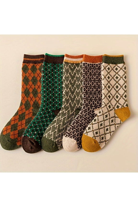 5 Pairs Fashion Mid-Calf Women'S Socks | Autumn-Winter Collection, Vintage Trendy Woolen Stack Socks, Geometric Pattern, Hand Wash or Professional Dry Clean