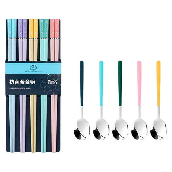 5 Pairs Fiberglass Chopsticks And 5 Spoons, Reusable Chinese Chopsticks And Spoons Dishwasher Safe, Non-Slip And Lightweight Harlik