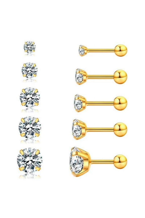 5 Pairs Flat Back Earrings for Women Multipack, Cartilage Earring, Nickel Free Hypoallergenic Earrings, Cubic Zirconia Earrings Studs(3mm-7mm)