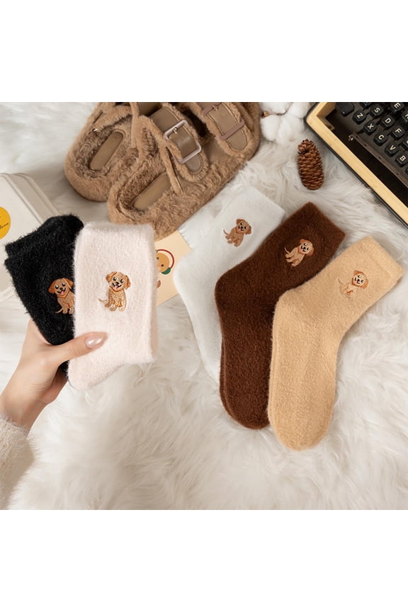 5 Pairs Fleece-Lined Thick Warm Mid-Calf Socks - Cozy Thermal Sleep Socks with Cute Dog Embroidery for Women, Breathable Fleece Lining for Cold Weather Home Wear & Sleeping Comfort, 5.9*7.8in