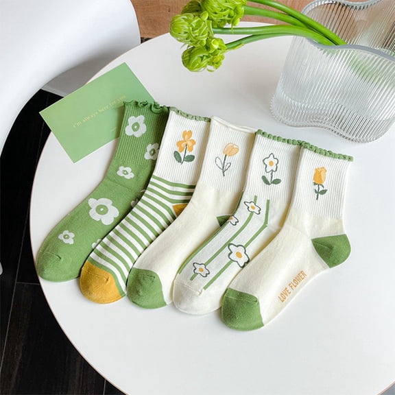 5 Pairs Floral Cute Socks for Women Kawaii Design Cottagecore Colorful Casual Dress Athletic Crew Socks Pack