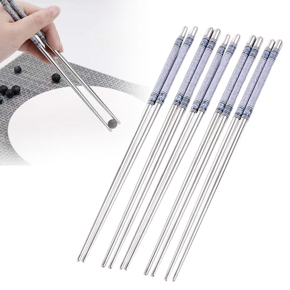 5 Pairs Food Stick Porcelain Pattern Anti-Slip Stylish Stainless Steel Chinese Food Chopsticks for Home