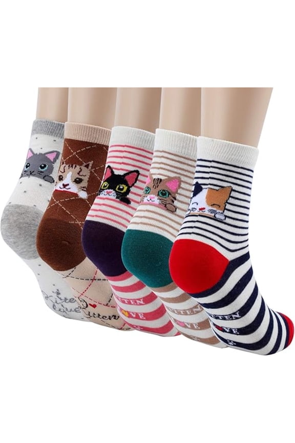 5-Pairs Funny Cat Face Socks Breathable Cotton Novelty Gift Socks for Women Cat Lovers