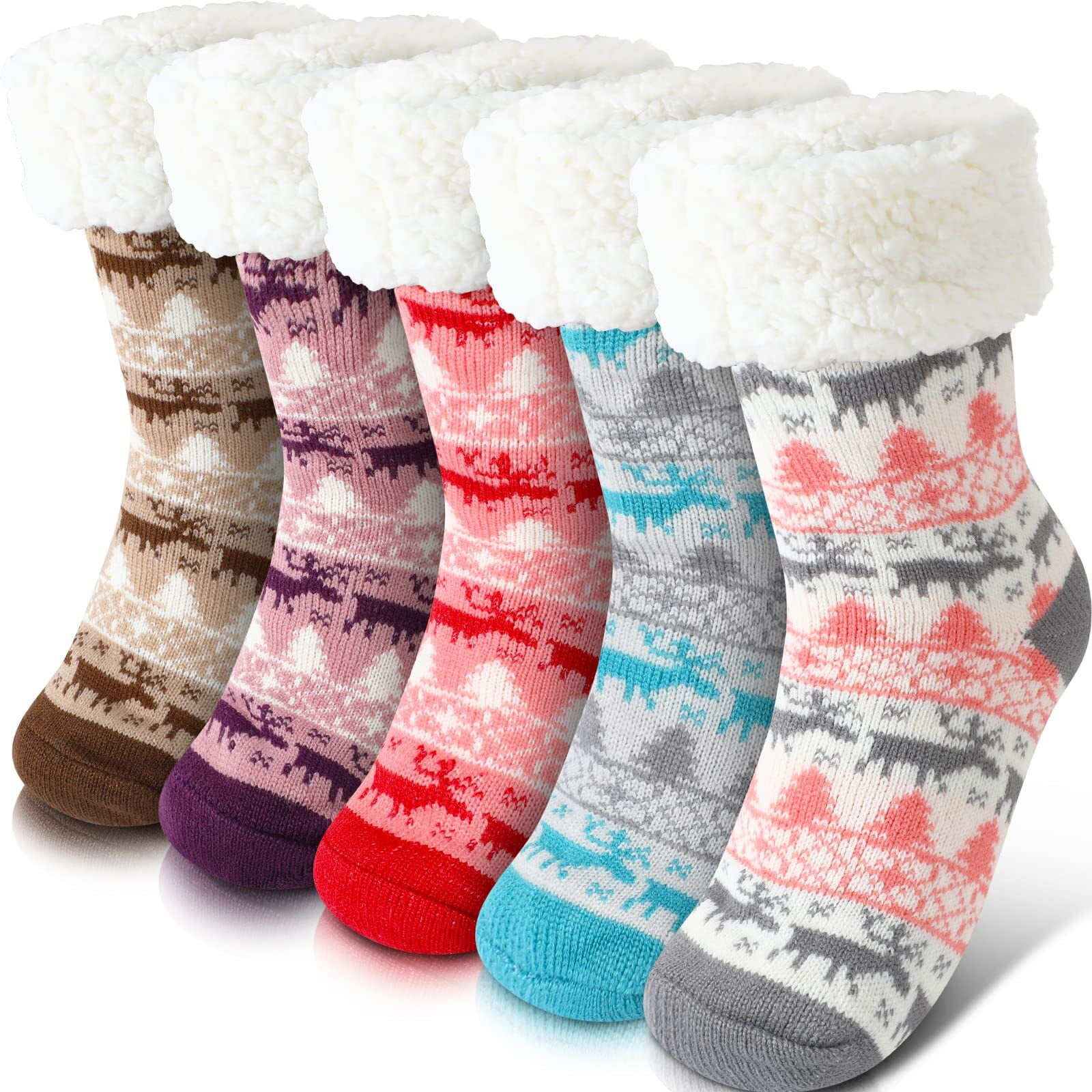 5 Pairs Fuzzy Slipper Socks with Grippers for Women, Fluffy Cozy Cabin