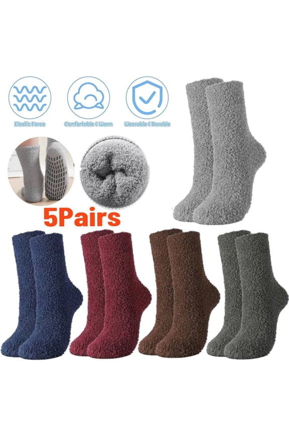 5 Pairs Fuzzy Socks for Men, Ultra-Soft Plush Lining & Non-Slip Grips, Winter Fluffy Slipper Socks Mens Cozy Warm Skid Resistance Heated Plush Sleep, Cold Weather Footwear