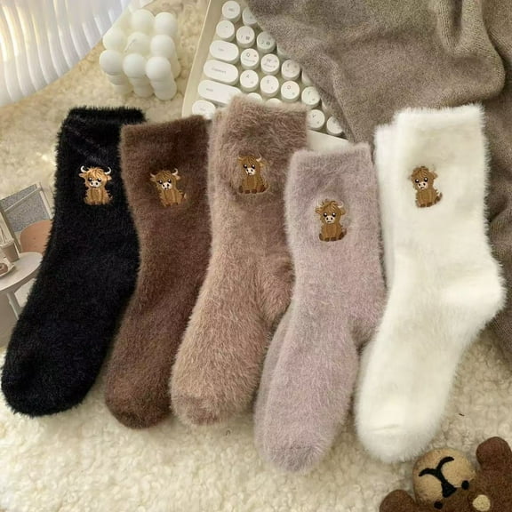 5 Pairs Fuzzy Socks for Women Cute Highland Cow Embroidery Soft Fluffy Cozy Slipper Socks (Black One Size)