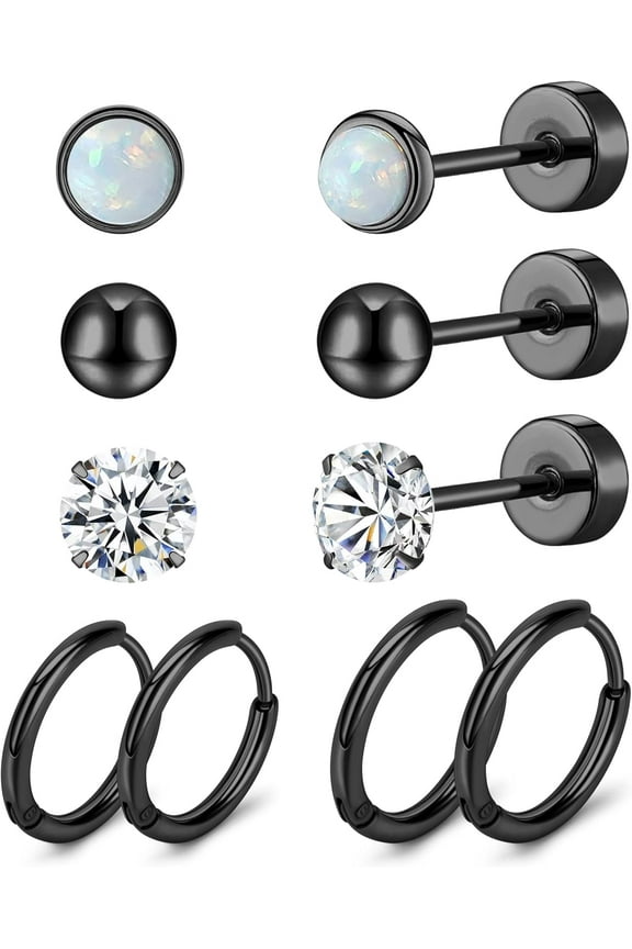 5 Pairs G23 Titanium Flat Back Earrings for Women & Men with Sensitive Ears – Hypoallergenic 20G Studs & Hoops with CZ, Opal, Pearl Designs for Cartilage