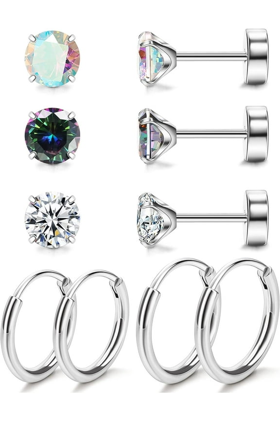 5 Pairs G23 Titanium Flat Back Earrings for Women & Men with Sensitive Ears – Hypoallergenic 20G Studs & Hoops with CZ, Opal, Pearl Designs for Cartilage