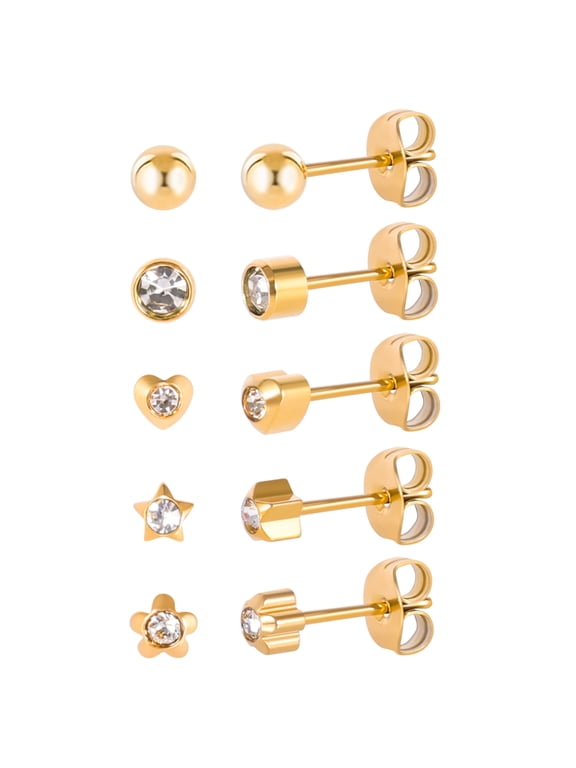 5 Pairs G23 Titanium Stud Earrings for Sensitive Ears, Heart Star Flower Round Ball Cubic Zirconia Stud Earrings Set for Women
