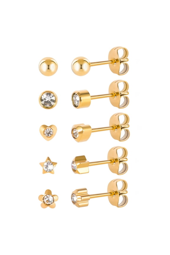 5 Pairs G23 Titanium Stud Earrings for Sensitive Ears, Heart Star Flower Round Ball Cubic Zirconia Stud Earrings Set for Women