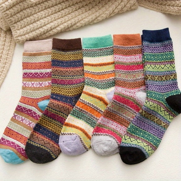 5 Pairs Geometric Pattern Socks, Retro Ethnic Style Colorblock Crew Socks, Women's Stockings & Hosiery