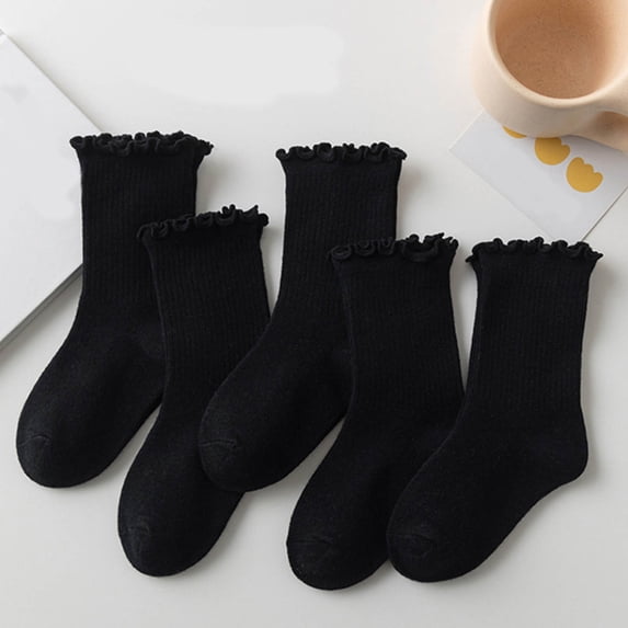 5 Pairs Girls Solid Color Cotton Socks Ruffle Soft Comfy Ankle Socks Youth Cute Frilly School Uniform Dress Socks Black 3-5 Years
