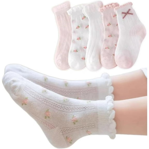 5 Pairs Girls' Thin Floral Strawberries Crew Socks with Ruffled Top for Spring Autumn Summer