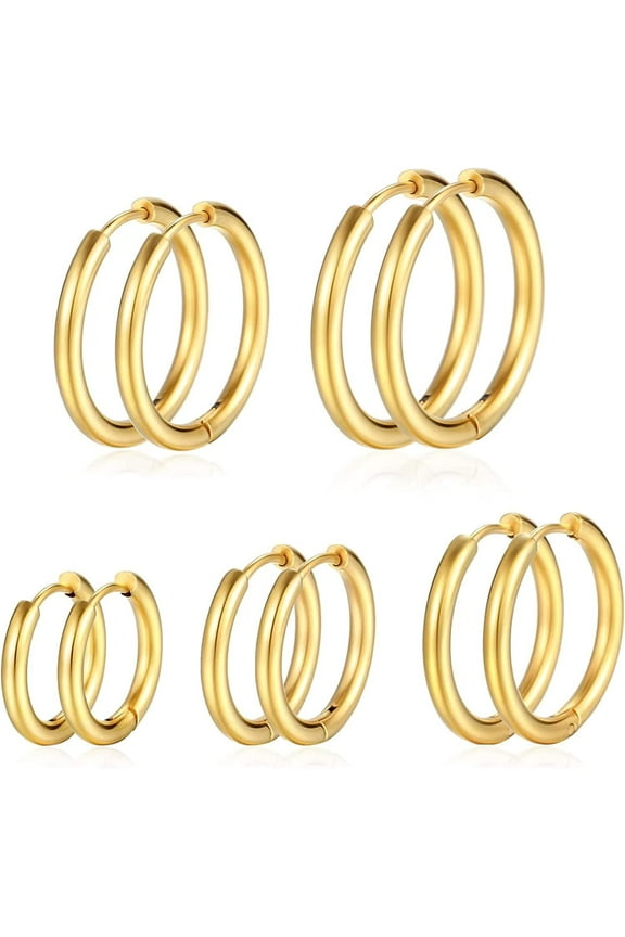 5 Pairs Gold Hoop Earrings for Women | 18K Gold Plated Huggie Hoop Earrings Set Hypoallergenic Cartilage Earrings Lightweight Hoop Earrings Set 5 Size 12/14/16/18/20mm