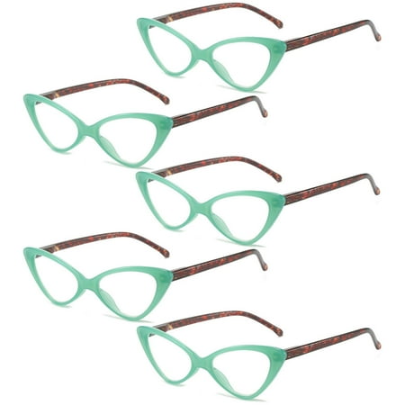 5 Pairs of Green Classic Cat Eye Reading Glasses for Women, Blue Light Blocking Retro Readers 1.0, Ladies Plastic Spring Hinge Presbyopia Glasses +1.00