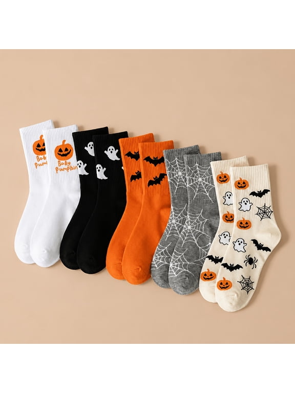 5 Pairs Halloween Crew Socks, Pumpkin Ghost Bat Spider Web Pattern Mid Calf Socks, Novelty Halloween Themed Casual Socks for Women Daily Wear & Party Costume
