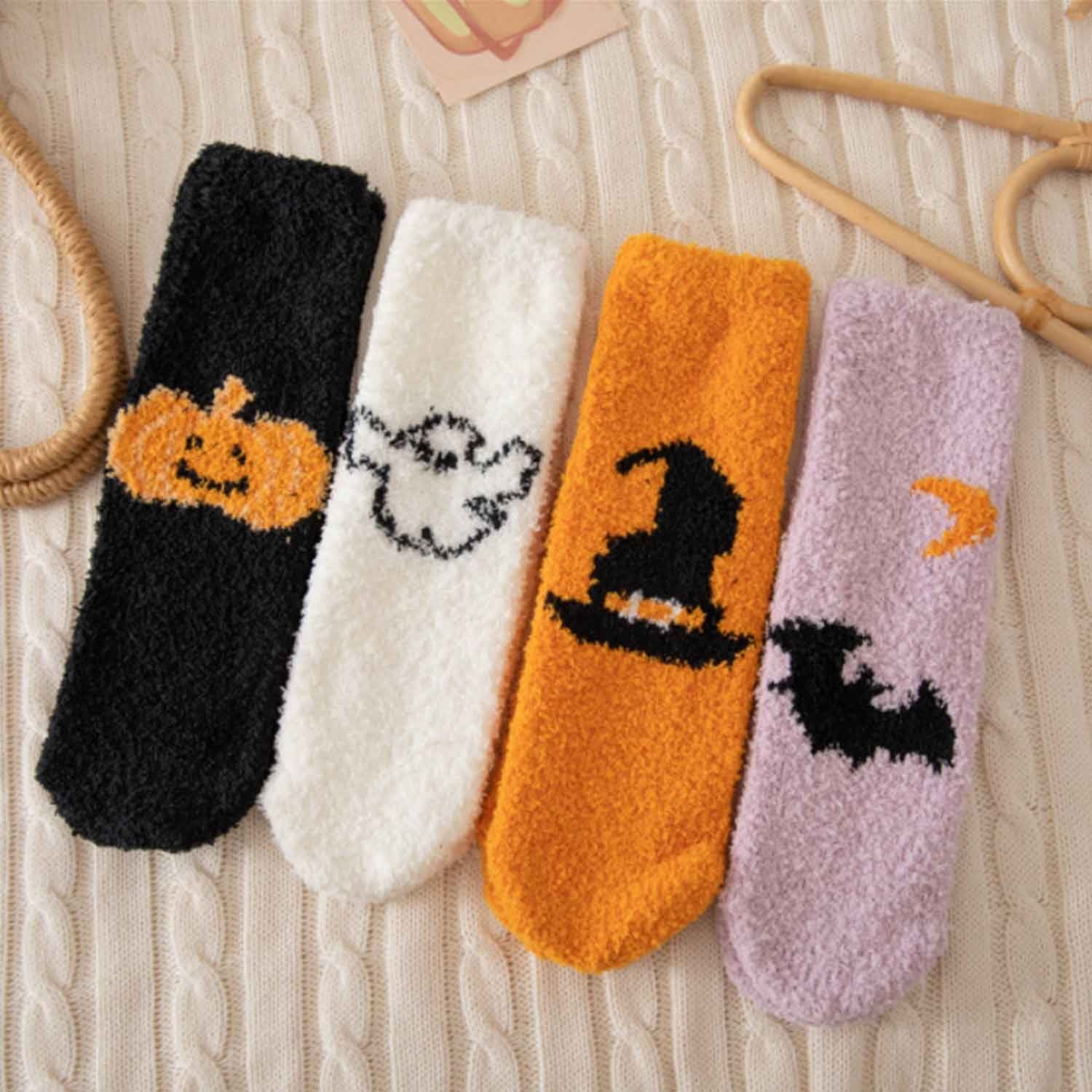 BAOERRS 5 Pairs Halloween Socks Womens Fuzzy Fluffy Cozy Warm Super Soft Slipper Socks Microfiber Home Socks For Christmas