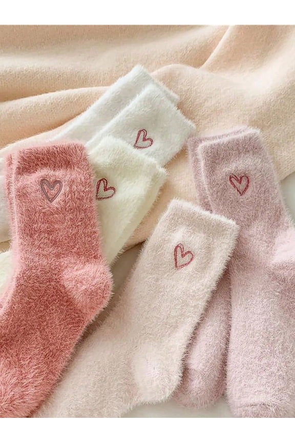 5 Pairs Heart Pattern Fluffy Women's Ankle Socks Warm Super Thick Soft Comfortable For Autumn Winter Ideal Valentine's Day And Christmas Gift