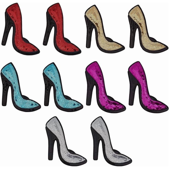 5 Pairs High Heel Embroidery Patch Iron On Sew On Patches Handmade Polyester Cloth Applique Embroidered Ladys Shoes Glitter Patches