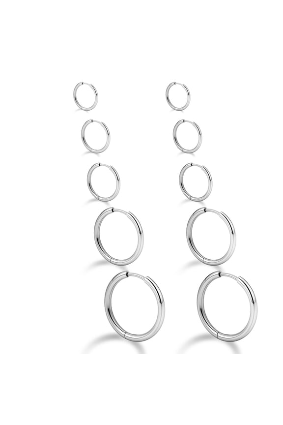 5 Pairs Hoop Earrings for Men Women, 316L Surgical Stainless Steel Small Huggie Earrings Hypoallergenic Non Tarnish Cartilage Hoop Earrings for Multiple Piercing 6mm 8mm 10mm 12mm 14mm