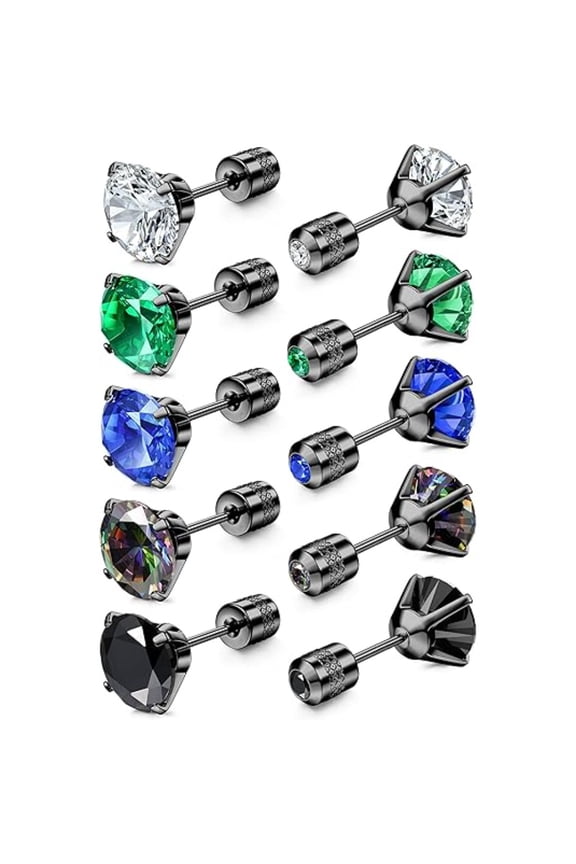 5 Pairs Hypoallergenic Titanium Stud Earrings with Rainbow CZ, Screw Back for Sensitive Ears, Elegant Jewelry Gifts for Women Men