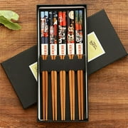 5 Pairs Japanese Lucky Cat Bamboo Chopsticks Non-Slip Kitchen Handmade Gift Set Reusable