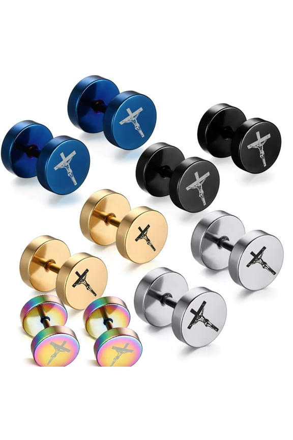 5 Pairs Jesus Cross Earrings For Men,Mens Black Earrings Stainless Steel 2 Sides Christian Jesus Crucifix Jewelry Inspirational Screw Flat Back Stud Earring Faux Fake Ear Plug