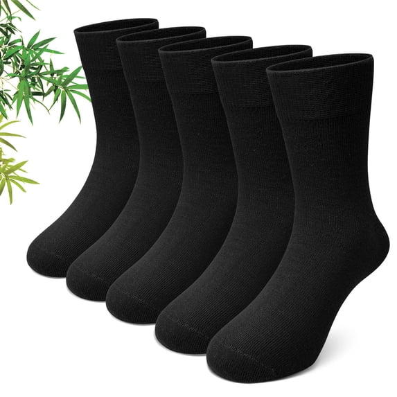 PUTUO Kids Bamboo Viscose Socks, Soft Breathable Seamless Crew Socks for Boys Girls, Sensory Friendly Design for Kids Ages 2–12, Black, 5 Pairs
