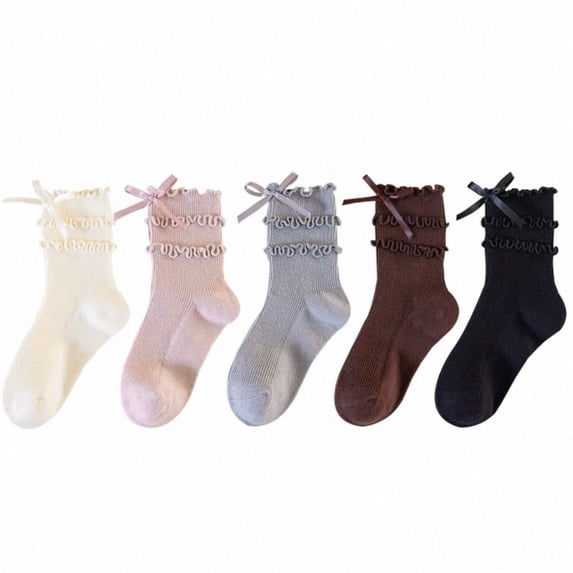 DOZINSIX 5 Pairs Kids Girls Ruffle Crew Socks Bow Soft Ribbed Knit Mid Calf Socks, 3-10Y