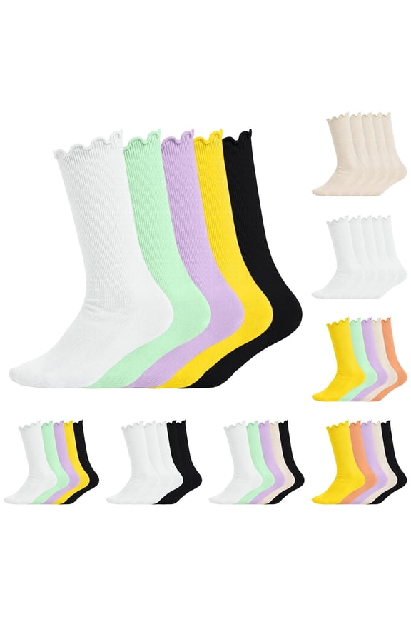 5 Pairs Kids Ruffle Crew Socks Scalloped Mid-Calf Solid Color Stockings for Boys Girls School Daily Wear 6-14 Years
