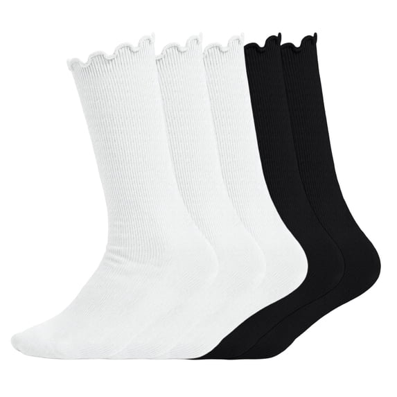 5 Pairs Kids Scalloped Edge Ribbed Mid-Calf Socks for Girls, Elastic Frilly Cuff Crew Socks, Multi Color Casual Socks Black 6-14Years