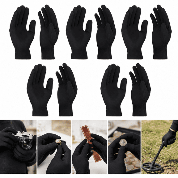 5 Pairs Large Archival Photo Gloves, Black Work Gloves For Handling Art Working Photography Men & Womens Cloth Gloves Liners Bulk for Handling Jewelry, Film, Photo, Coin Metal Inspection