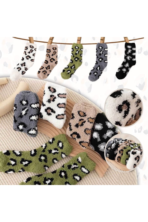 5 Pairs Leopard Fuzzy Socks for Women Soft Coral Socks Winter Warm Cozy Fluffy Socks for Christmas Gifts