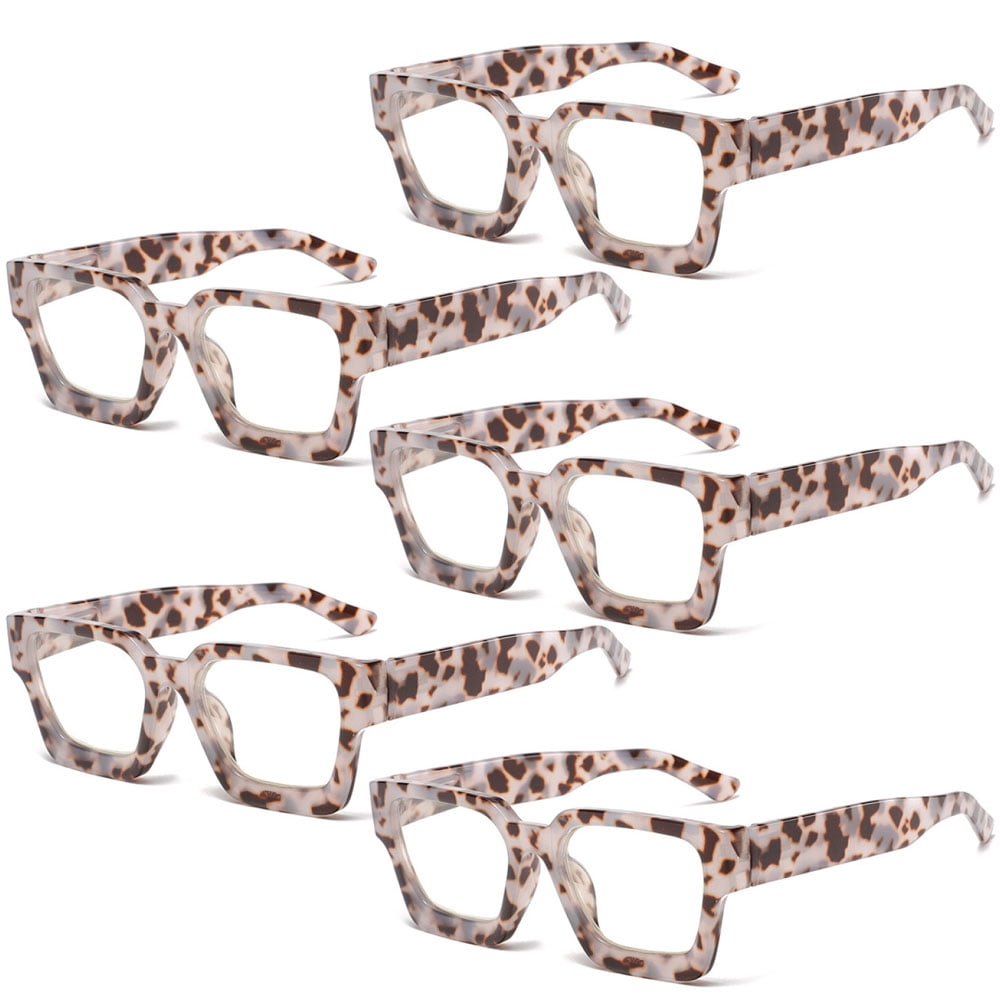 5 Pairs of Leopard Print Thick Oversize Square Candy Color Reading Glasses 3.00 for Women and Men, Stylish Blue Light Blocking Spring Hinge Readers +3.00